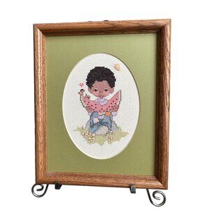 Vtg Framed NEEDLEPOINT Child Eating Watermelon Butterfly Birds Oval Mat 9 x 11